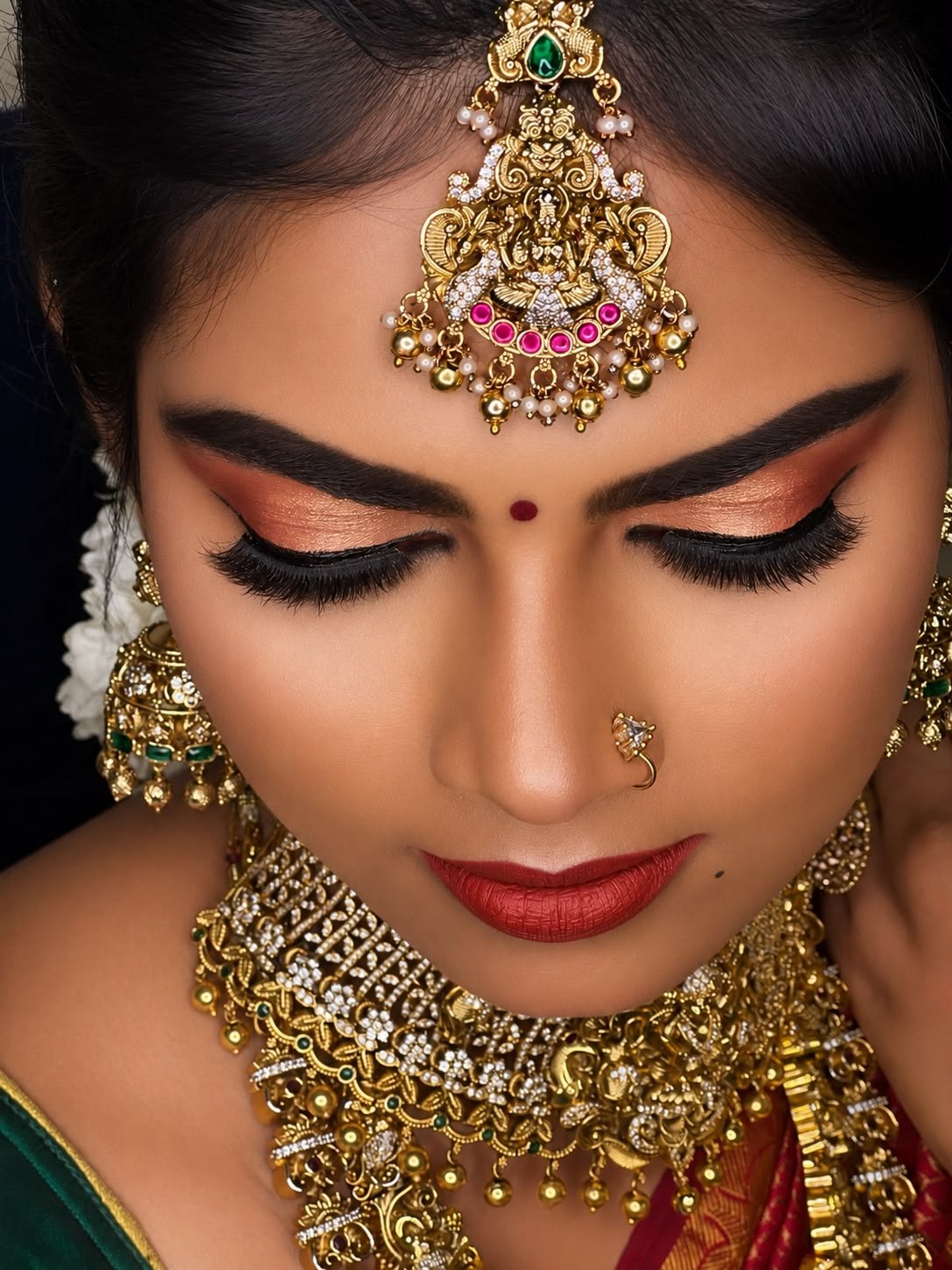 Close-up bridal makeup with maang tikka and gold jewellery
